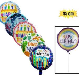 Balloon w/stick air rnd bday asstd 45cm